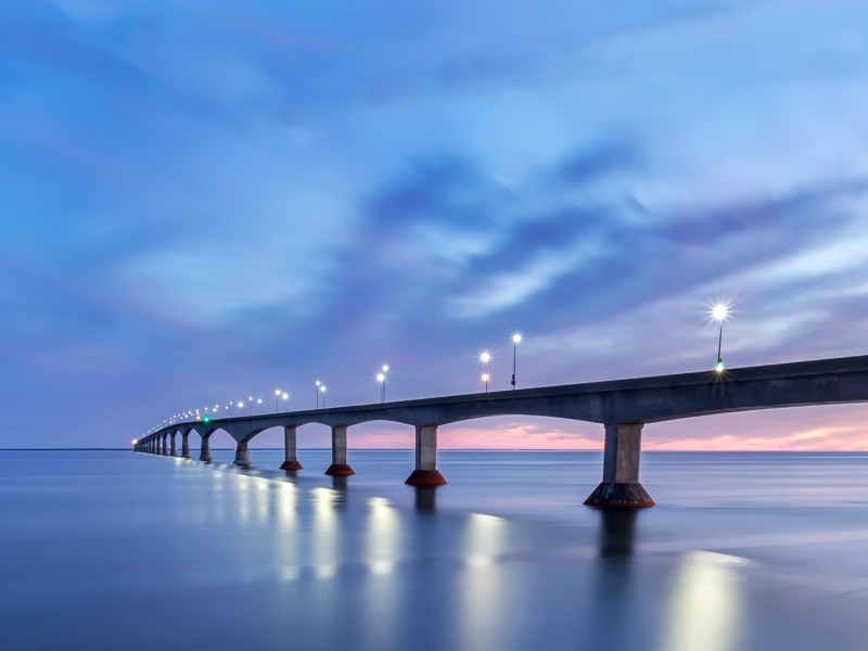 Confederation Bridge, sunset sky, ocean