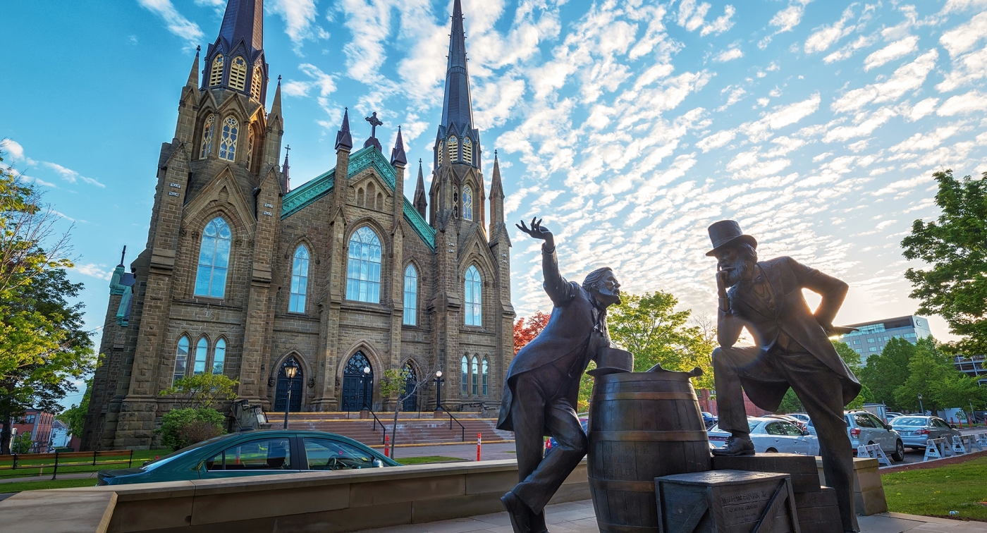 Charlottetown, church, statue, backlit