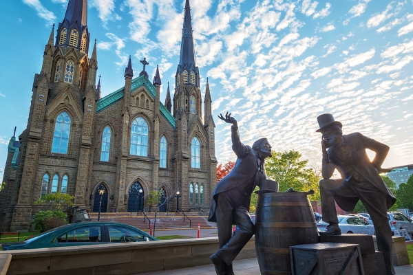 Charlottetown, church, statue, backlit