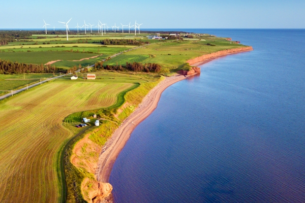 West cape, ocean, fields, wind turbines 