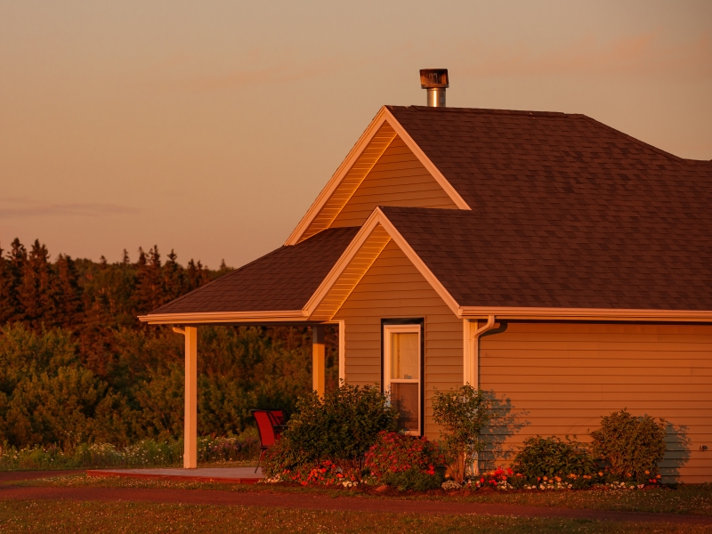 Exterior view of a unit at the Gables in summer