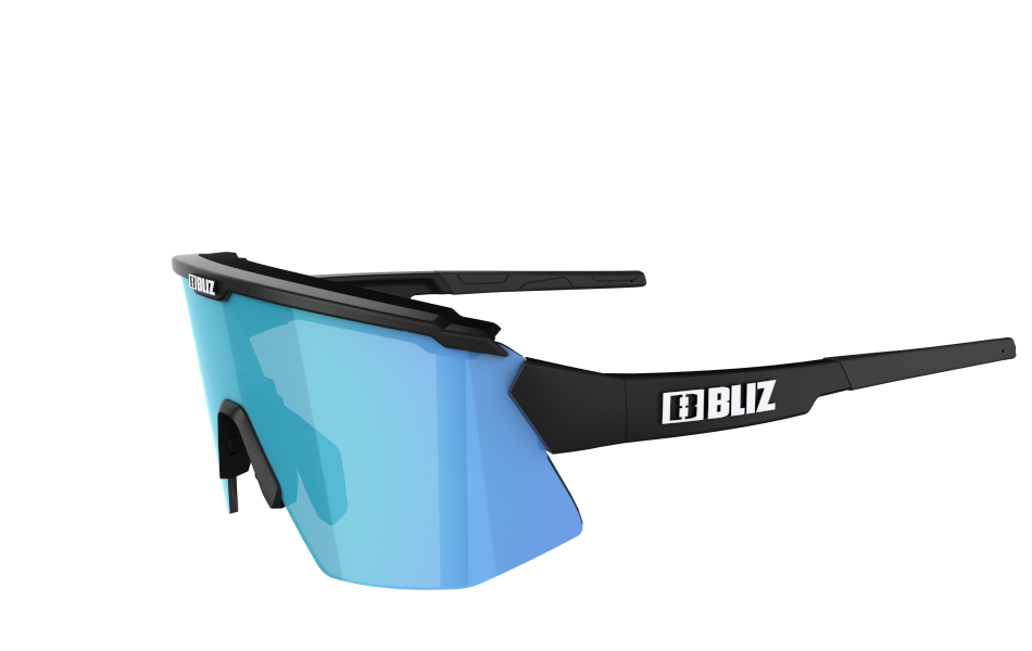 Side view of sunglasses with black frame and blue lens