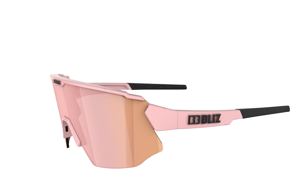 Side view of sunglasses for bike riding with pink frame and lens