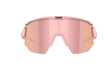 Front view of sunglasses for bike riding with pink frame and lens