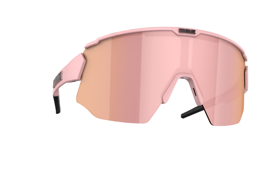 Front view of sunglasses for bike riding with pink frame and lens