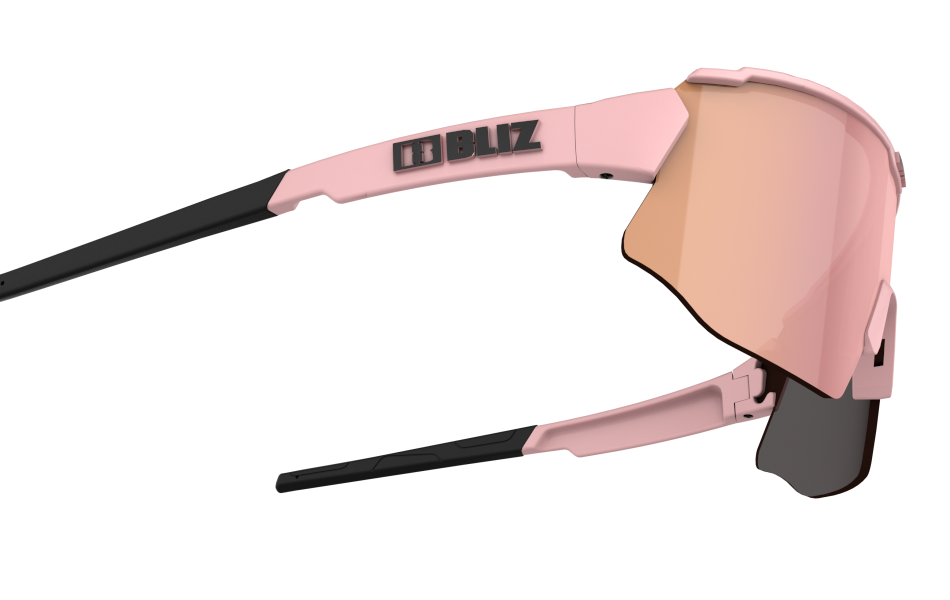 Side view of sunglasses for bike riding with pink frame and lens