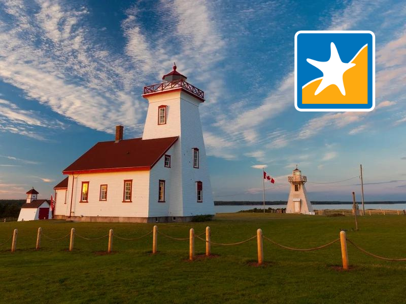 LIghthouse under a blue sky with Points East Coastal Drive logo in right corner