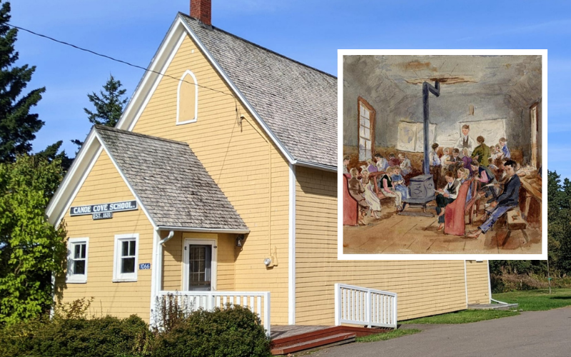 Exterior of Canoe Cove School in summer with insert of Robert Harris oil painting